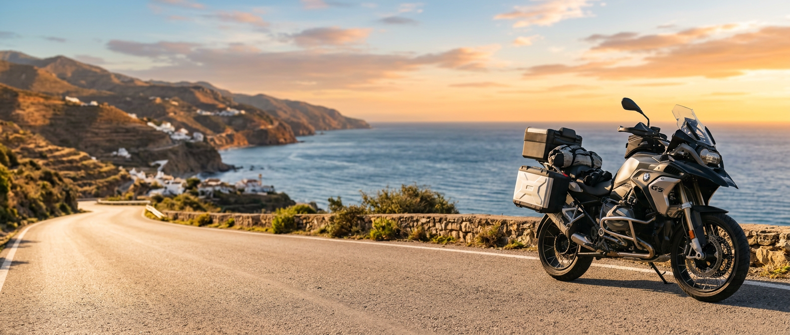 Motocyklista na drodze wzdłuż wybrzeża Costa del Sol o zachodzie słońca
